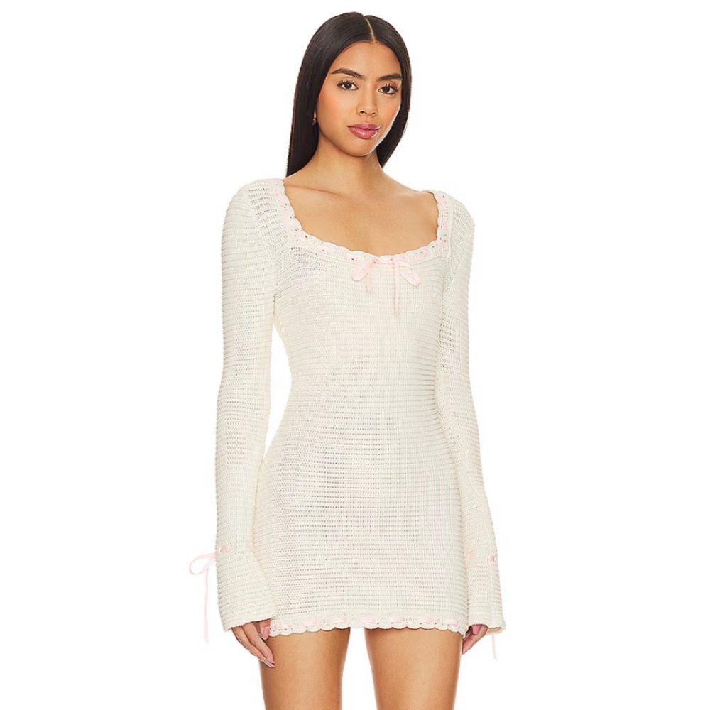 For Love & Lemons Olina Crochet Mini Dress in Cream Size Medium